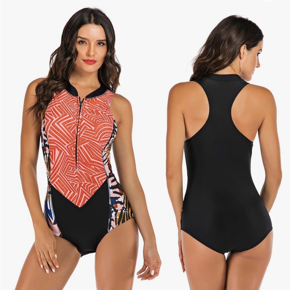 Kuruisi women’s racer back one piece swimsuit with front zipper